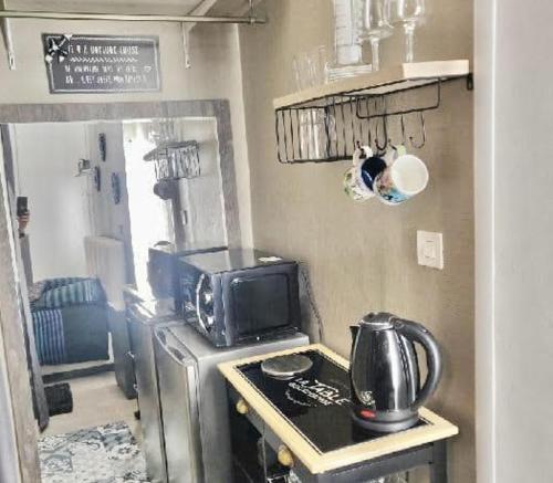 une petite cuisine avec une cuisinière et un micro-ondes dans l'établissement L'Entrée des Artistes Studette avec terrasse - LAVALOC, à Laval