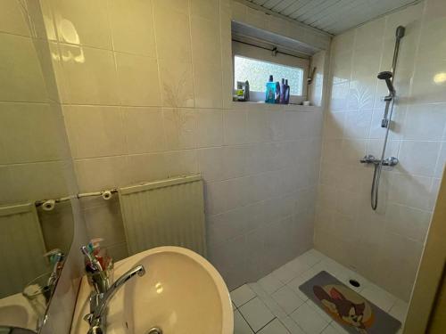uma casa de banho com um chuveiro, um lavatório e um WC. em Big Room em Eindhoven