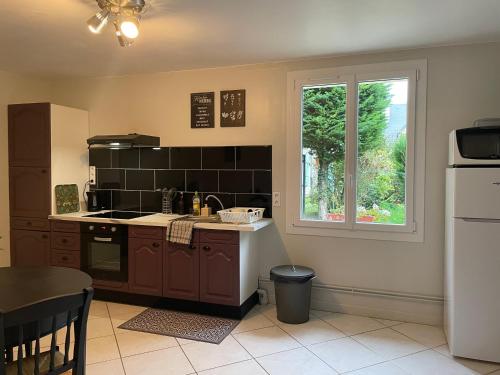 a kitchen with a sink and a stove and a window at Le Havre de Braye in Braye-en-Laonnois