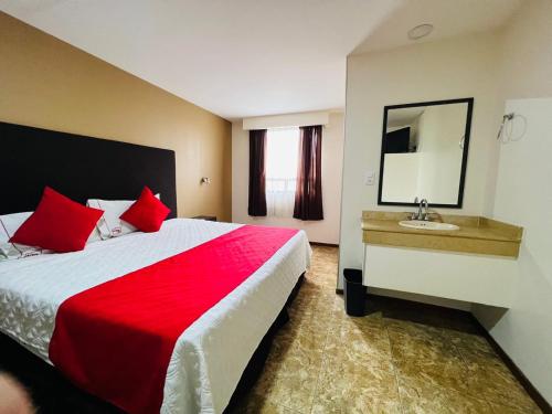 Pokój hotelowy z łóżkiem i umywalką w obiekcie Hotel Arbis w mieście Puebla