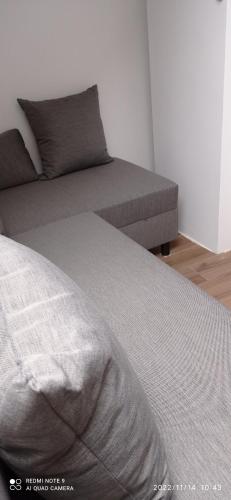 a bed and a couch in a room at Kaszuby Punkt Klonowo Przywidz sauna klima basen in Przywidz