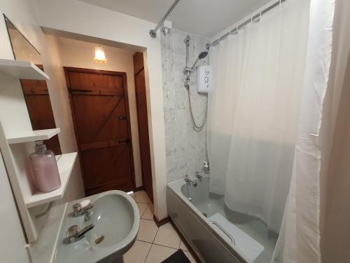 a bathroom with a sink and a shower and a toilet at Cosy Rural Barn Conversion 5 Min Drive To Pin Mill 1 BR + sofa bed in Chelmondiston
