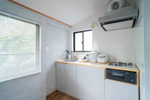 a small kitchen with a sink and a microwave at 自然豊か棚田百選の棚田・道の駅・金剛山登山・釣り・ゴルフに便利/8名宿泊可広々一軒家/無料駐車場 in Tondabayashi