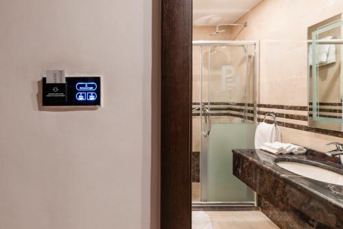 a bathroom with a sink and a shower at Petra Elite Hotel in Wadi Musa