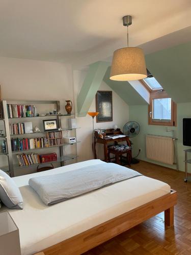 a bedroom with a large bed and a book shelf at Grazer Schwalbe in Graz