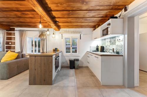 a kitchen and living room with white cabinets and a couch at Chalupa u Břízek in Hennersdorf