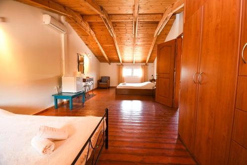 a large room with a bed and a room with a bed sqor at Elatia Villa in Volimes