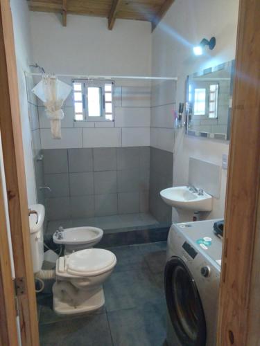 y baño con aseo, lavabo y lavadora. en Alquiler temporario La Florida en Necochea