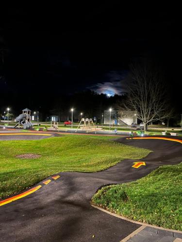 a curvy road in a park at night at Albatross Beach Apartment - SPA, Sea and Forest in Ķesterciems