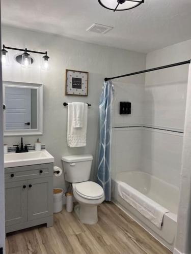 a bathroom with a toilet and a tub and a sink at Guest Suites 1996 #2 - Fresh 1 bedroom 1 bath Suite in Idaho Falls