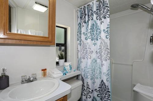 a bathroom with a sink and a shower curtain at Sun & Snow Chalet Breckenridge, a dog lovers dream! in Breckenridge