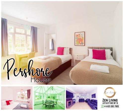 a collage of three pictures of a bedroom house at Beautiful 6 bedroom house for 17 guests next to Edgbaston Stadium in Birmingham