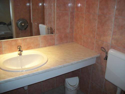 a bathroom with a sink and a toilet at Hotel Viktória in Balatonalmádi