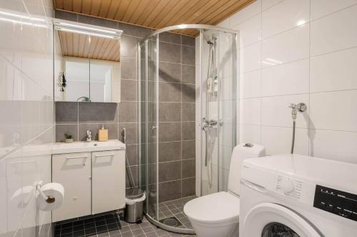 W łazience znajduje się prysznic, toaleta i umywalka. w obiekcie Norden Homes Quick & Easy Airport and City Centre Access w Helsinkach