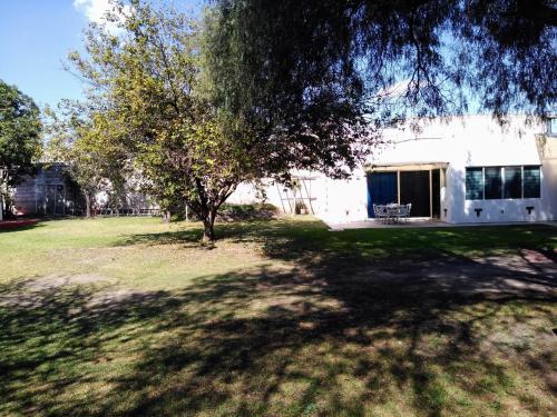 a house with a tree in front of a yard at Finca Mc'Clau Teotihuacan, Casa residencial entera in San Martín de las Pirámides