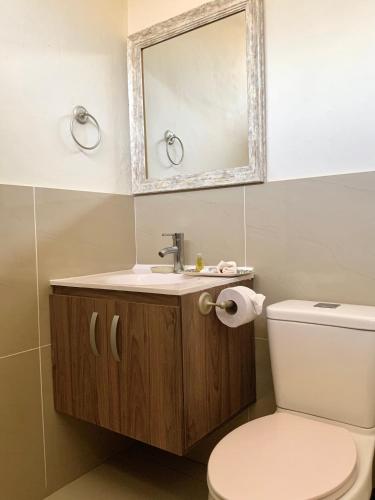 a bathroom with a sink and a toilet and a mirror at Paradise Surf Hotel in San Miguel