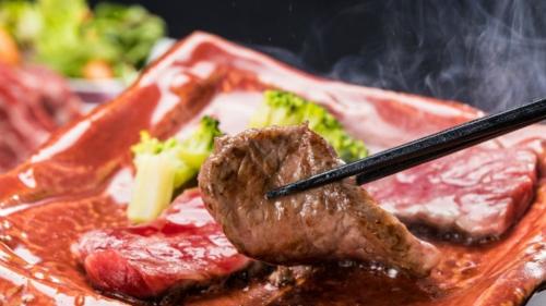 a plate of food with meat and broccoli with chop sticks at Kyukamura Minami-Izu in Minamiizu