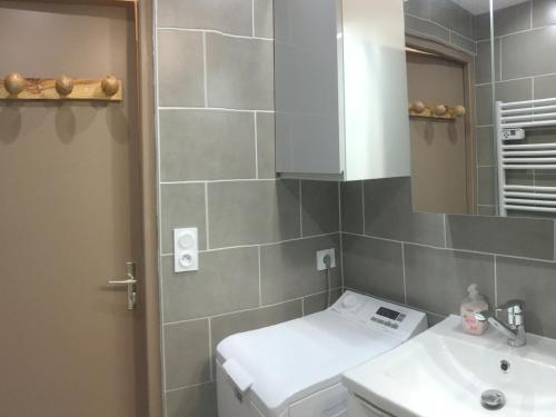 une salle de bain avec toilettes, lavabo et miroir dans l'établissement Appartement chaleureux 4 pers, proche des remontées et commerces, balcon ensoleillé - FR-1-263-520, à Valloire