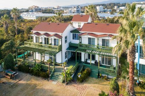 an aerial view of a house with palm trees at Euro House in Seogwipo