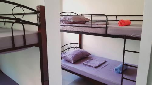 two bunk beds in a room with purple sheets at Avana Hills Boracay Prime Grand Suite in Boracay