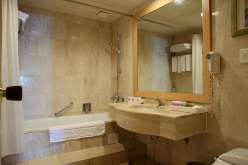 a bathroom with a sink and a tub and a mirror at Chuto Plaza Hotel in Taoyuan