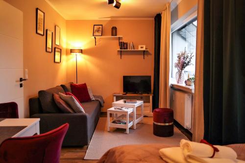 een woonkamer met een bank en een televisie bij Apartment Serenade am Zwinger in Goslar