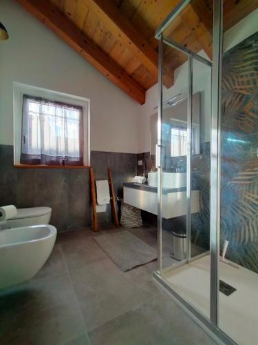 a bathroom with a glass shower and a sink at Cozy Home Maison Cascina Amélie in Abbadia Lariana