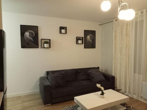 ein Wohnzimmer mit Sofa und Bildern an der Wand in der Unterkunft WIFI- STADE DE FRANCE- BASILIQUE CATHEDRALE MONSEJOURASAINTDENIS in Saint-Denis