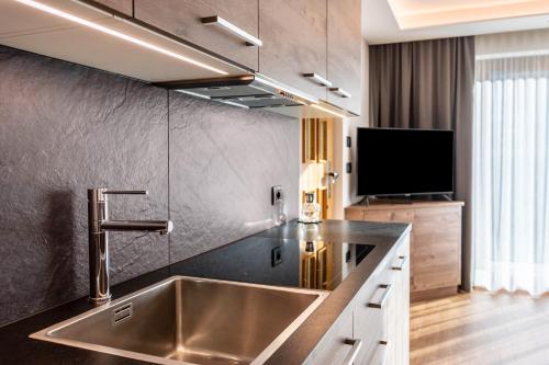 Il comprend une cuisine avec un évier en acier inoxydable et une télévision. dans l'établissement Villa Erina App C2, à Ortisei