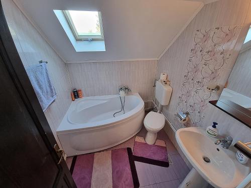 a bathroom with a tub and a toilet and a sink at Casa Dragomir in Plaiu Şarului