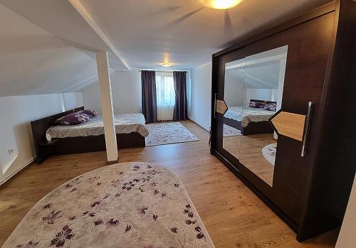 a room with two beds and a mirror at Casa Dragomir in Plaiu Şarului