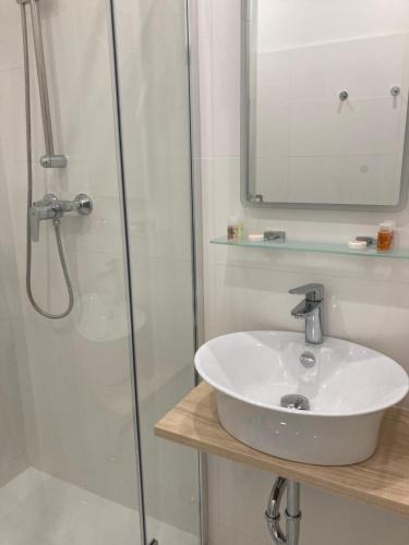een badkamer met een wastafel en een douche met een spiegel bij Ubytování Na špejcharu, Želevčice in Slaný