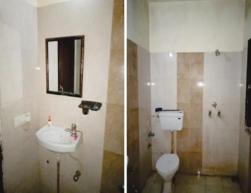 twee foto's van een badkamer met toilet en wastafel bij Hotel Goyal, Mansa in Mānsa