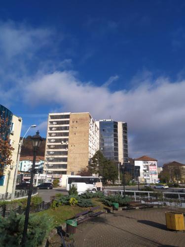 a city skyline with tall buildings and a bus at AAB Studio Central in Piatra Neamţ