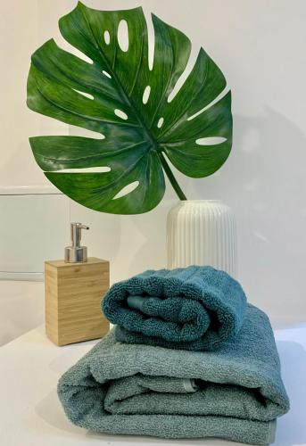 a pile of towels on a table next to a plant at Florimond cosy apparts in Saint-Quentin