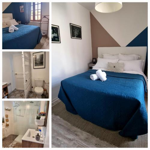 three pictures of a bedroom with a bed and a bathroom at Les Glycines de Monchy- Chambres d'hôtes in Monchy-Humières