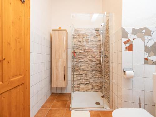 a bathroom with a shower with a toilet in it at Ferienwohnung zum Kapuziner in Poysdorf