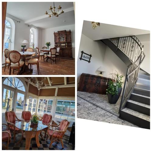 a collage of photos of a house with a staircase and a dining room at Inspektorenhaus Dobbin Ferienpension in Linstow