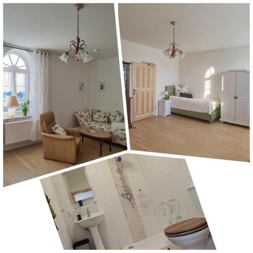 un collage de cuatro fotos de una sala de estar en Inspektorenhaus Dobbin Ferienpension, en Linstow