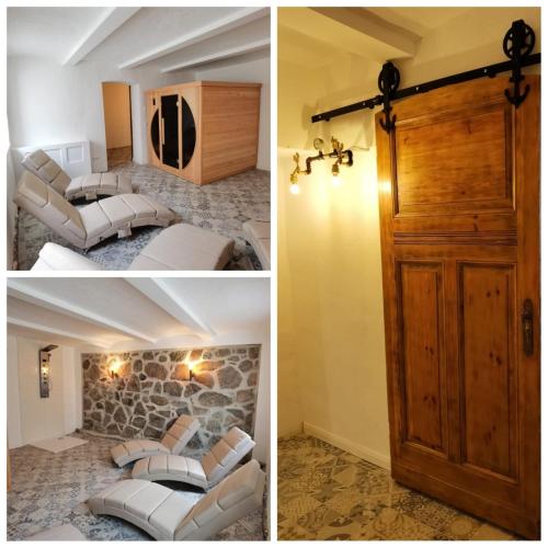 two pictures of a room with beds and a door at Inspektorenhaus Dobbin Ferienpension in Linstow