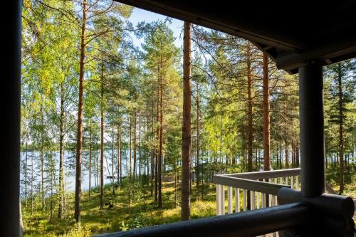 a view of a forest from a porch at Saimaan Kultaranta in Puumala