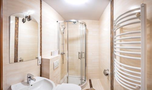 イステブナにあるCentrum Halniakのシャワーと洗面台付きのバスルーム