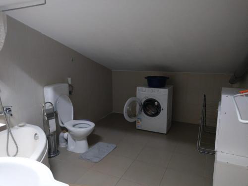 a bathroom with a toilet and a washing machine at Fun Apartament Militari Residence in Roşu
