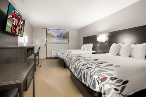 ein Hotelzimmer mit 2 Betten und einem Schreibtisch in der Unterkunft Red Roof Inn Alexandria, LA in Alexandria