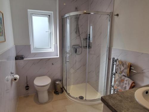baño con ducha, aseo y ventana en Pass the Keys Homely and central with parking en Exeter