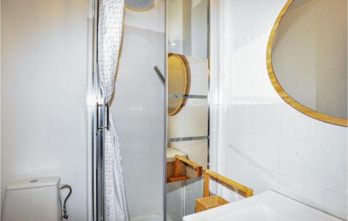 a bathroom with a shower and a toilet and a mirror at Stunning Apartment In Le Barcars With Kitchen in Le Barcarès