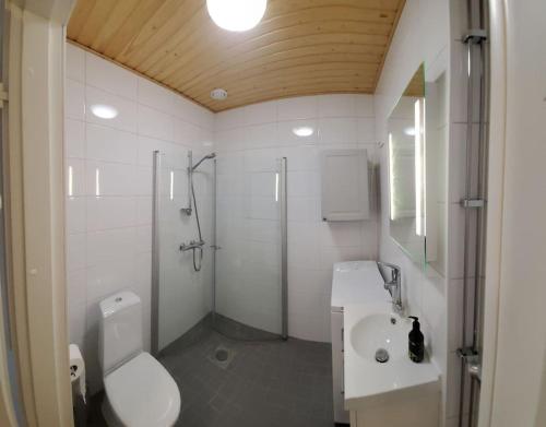a bathroom with a toilet and a sink and a shower at Studio, 9 min walk to train+15 min city or airport in Vantaa