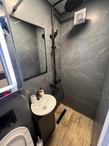 斯科普里The Pearl - In the heart of Skopje的浴室里有洗手池、马桶和镜子。