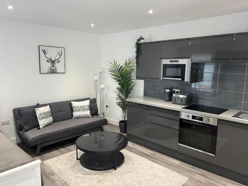 a living room with a couch and a kitchen at Harrystoke 1 bedroom studio, free parking & Garden in Bristol
