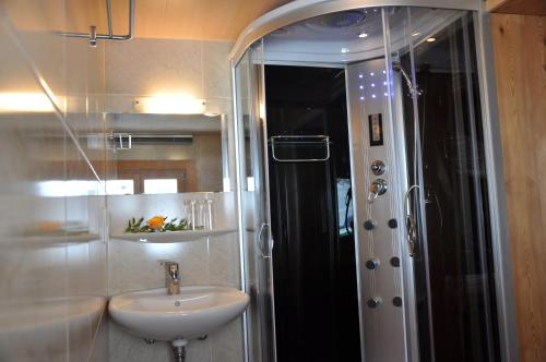 a bathroom with a sink and a shower at Gazauner Hof in Sankt Gallenkirch